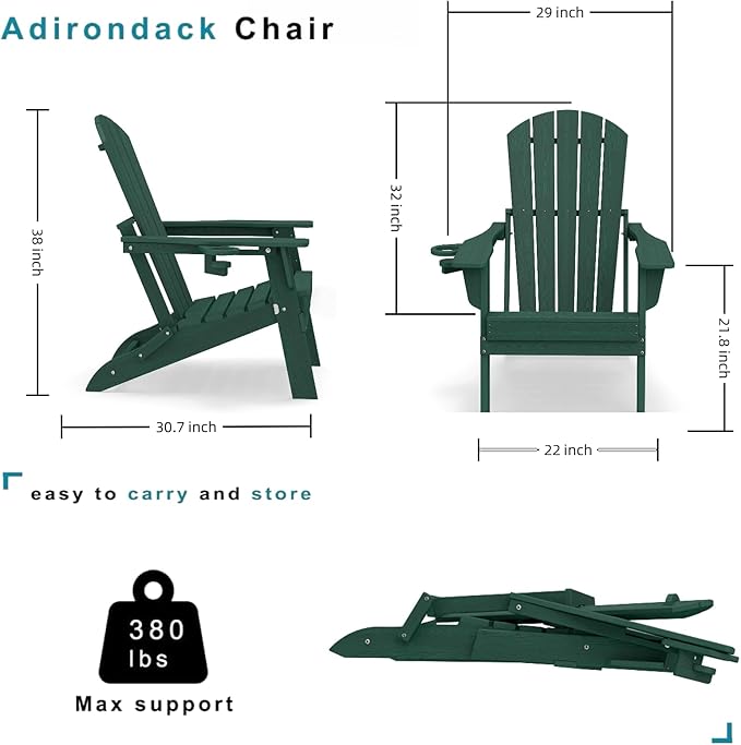 Folding Adirondack Chair Set of 6, HDPE Outdoor Patio Chair with Cup Holder, All Weather Plastic Lawn Chair with Wide Armrests, Portable Patio Chair for Backyard Deck Garden Fire Pit Poolside, Green