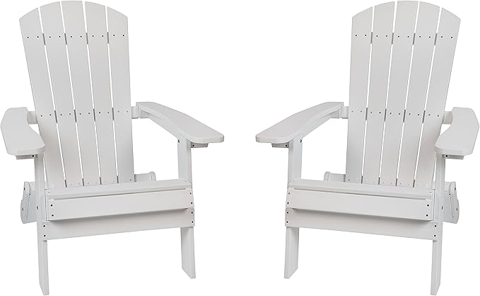 Flash Furniture Charlestown Folding Adirondack Chair - White - Poly Resin - Indoor/Outdoor - Weather Resistant - Set of 2