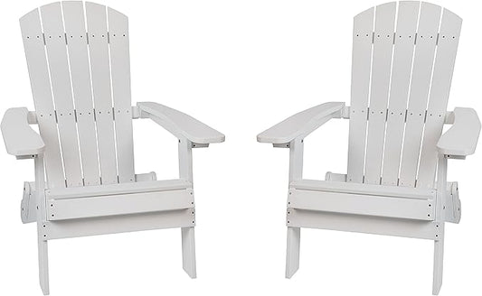Flash Furniture Charlestown Folding Adirondack Chair - White - Poly Resin - Indoor/Outdoor - Weather Resistant - Set of 2