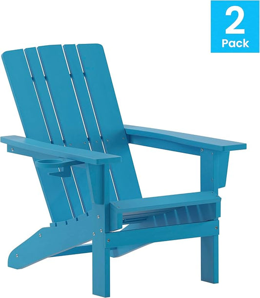 Flash Furniture Halifax Adirondack Chairs with Cup Holders, Weather Resistant Poly Resin Adirondack Chairs, Set of 2, Blue