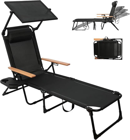 Folding Lounge Chairs for Outside, Beach Patio Lounge Chair with Canopy, Sunbathing/Tanning Chair with 4 Adjustable Backrest & Cup & Pillow,Holds 330 Lb, Outdoor Garden Pool