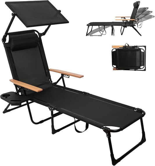 Folding Lounge Chairs for Outside, Beach Patio Lounge Chair with Canopy, Sunbathing/Tanning Chair with 4 Adjustable Backrest & Cup & Pillow,Holds 330 Lb, Outdoor Garden Pool