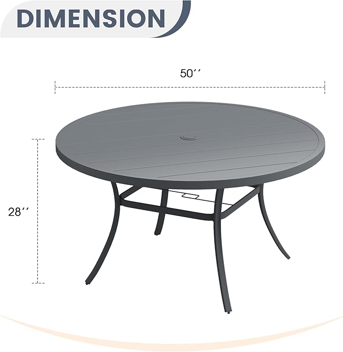 Patio Dining Table for 6-8, Round Metal Outdoor Table with 1.57" Umbrella Hole, 50" Outdoor Slat Tabletop Dining Table for Backyard, Porch, Lawn, Dark Grey