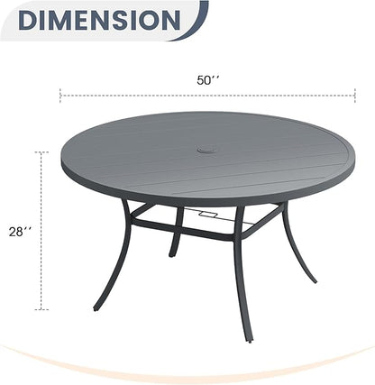 Patio Dining Table for 6-8, Round Metal Outdoor Table with 1.57" Umbrella Hole, 50" Outdoor Slat Tabletop Dining Table for Backyard, Porch, Lawn, Dark Grey