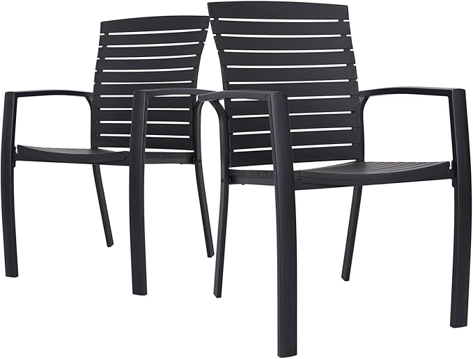Anmutig Set of 2 Patio Stackable Aluminum/Resin Outdoor Dining Chairs with Armrest for Outdoor Kitchen Garden, Backyard, Supports 300 LBS