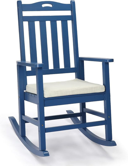 VINGLI Outdoor Rocking Chair, Heavy Duty 450 lbs Poplar Wooden Rocking Chair with High Backrest Design, Come with a Cushion, All-Weather Lounge Rocker Support for Garden, Deck (Navy Blue, 1 PC)