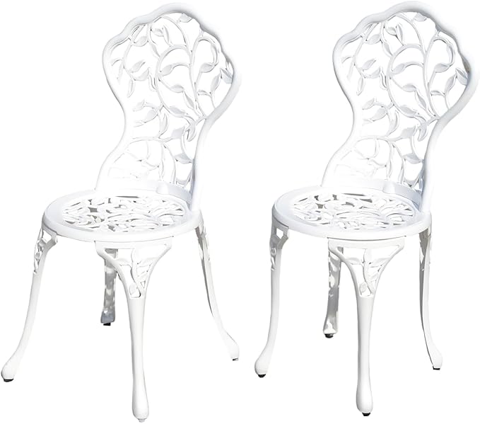 KAILI Rose Garden Cast Aluminum Bistro Chairs, Decorative Outdoor Patio Seating, Set of 2, White and Black (Leaf Chair White)