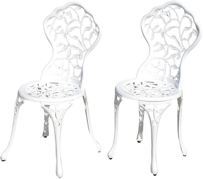 KAILI Rose Garden Cast Aluminum Bistro Chairs, Decorative Outdoor Patio Seating, Set of 2, White and Black (Leaf Chair White)