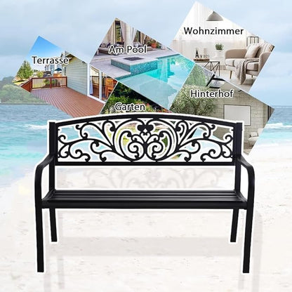 Outdoor Metal Garden Bench, 2 Seater Steel Patio Furniture Seat w/Backrest and Armrests for Backyard, Park, Front Porch