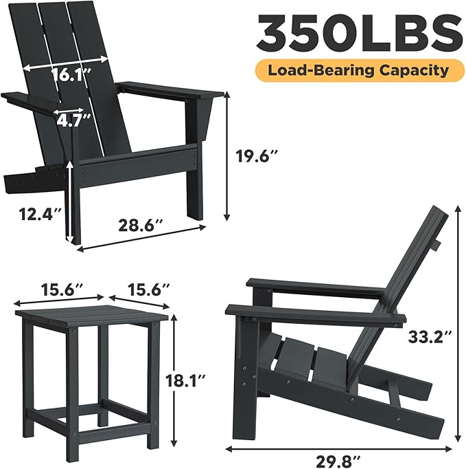 PROHIKER Adirondack Chair Set of 2, HDPE Patio Chair with Table Set, All Weather Outdoor Chairs for Lawn Garden Porch Backyard(Black)