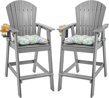 Sundale Outdoor Tall Adirondack Chairs Set of 2, 30 Inch Seat Height Patio Adirondack Bar Stools, HDPE Pub Chairs with Backrest, Tall Bistro Dining Counter Stool with Cushion, All-Weather, Gray
