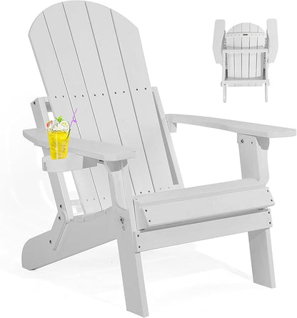 Folding Adirondack Chair, All Weather Resistant Plastic Chair with Cup Holder, Fold or Unfold Easily in 1 Second, Outdoor Chairs for Patio, Garden, Backyard Deck, Lawn Fire Pit(White)