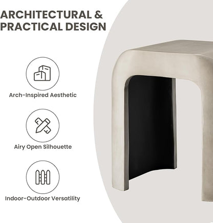 COSIEST Grey Outdoor Side Table, 17.7" Modern Concrete End Table with Arched Open for Patio, Small Outside Accent Table & Plant Stand for Garden, Porch, Deck, Balcony