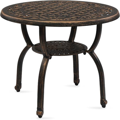 23.6” Cast Aluminum Outdoor Side Table, All Weather Round Patio Coffee Table Porch Table Outdoor Bistro Table for Indoor Garden Porch Balcony, Antique Bronze