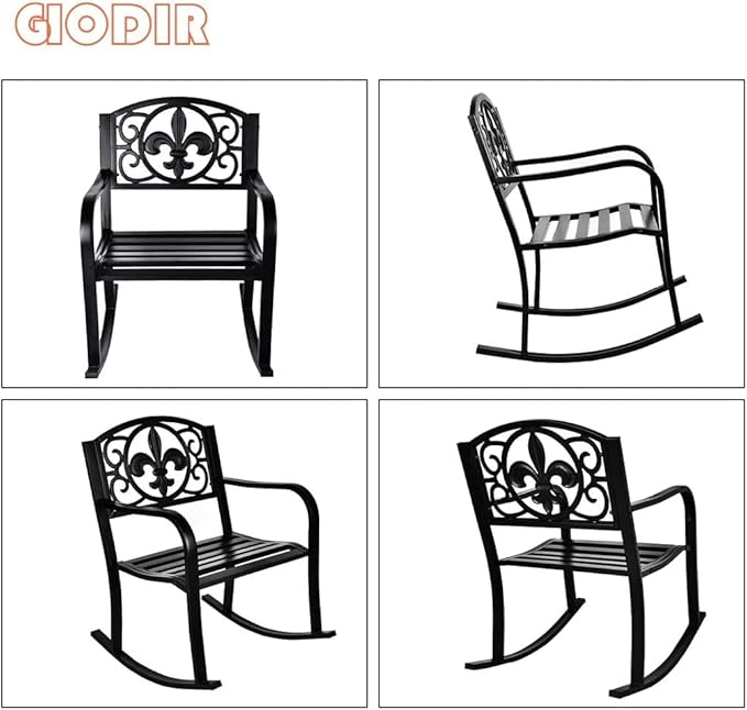 Outdoor Patio Rocking Chair, Metal Rocking seat for for Deck, Backyard or Garden w/Scroll Design (Black)
