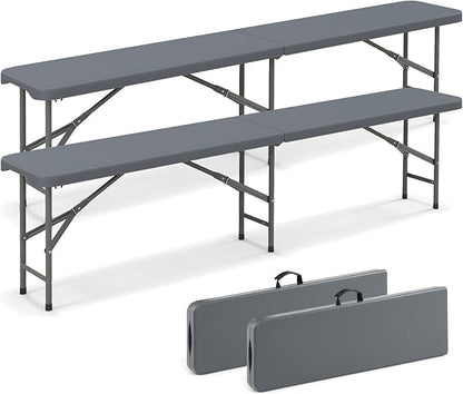 Giantex 6 FT Plastic Folding Bench, HDPE Portable Seat w/Metal Legs, Fold-in-Half Outdoor Bench for Picnic, Garden, Camping, Party Sport Events, 1320 lbs Capacity, No Assembly (2, Gray)