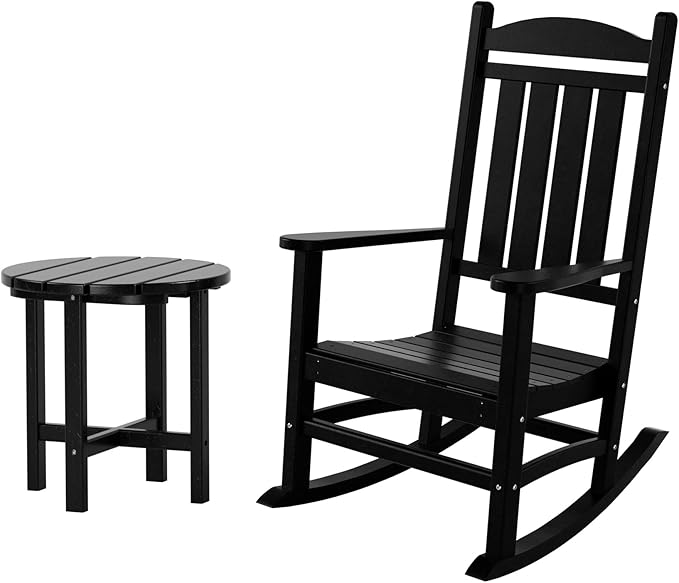WestinTrends Malibu Malibu Outdoor Patio Porch Rocking Chair with Side Table Set, Black