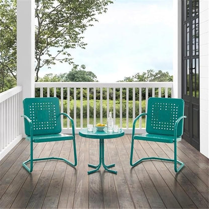 Pemberly Row 3 Piece Metal Outdoor Chair Set, Turquoise Gloss Finish, Retro Patio Furniture with Basket Weave Design, Cantilever Base Chairs and Pedestal Side Table, Weatherproof for Small Outdoor