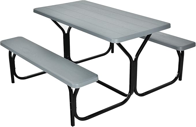 Giantex Picnic Table Bench Set Outdoor Camping All Weather Metal Base Wood-Like Texture Backyard Poolside Dining Party - Photo 1