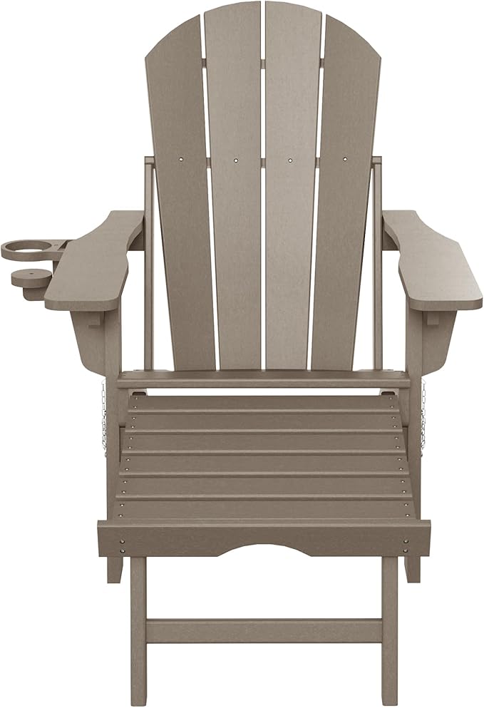 WestinTrends Malibu Folding Adjustable Adirondack Chair with Retractable Ottoman and Cup Holder, Weathered Wood