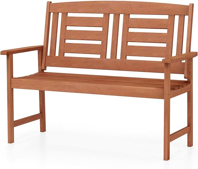 Byroce 2-Person Outdoor Bench, Solid Wood Patio Loveseat with Comfy Backrest & Armrest, Heavy Duty Garden Bench for Outdoors Backyard, Park, Balcony & Front Porch, Teak Oil Rubbed (Vertical Slat)