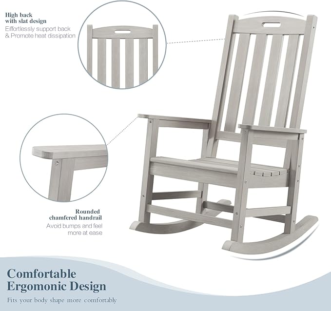 Psilvam Oversized Outdoor Rocking Chair, with 21" Wide Seat and 32" Tall Backrest, Pre-Assembled with Most Components for Effortless Installation (Gray)