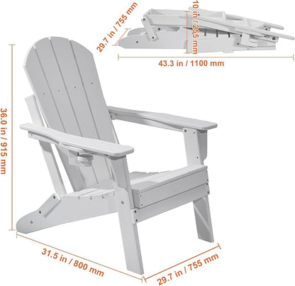 Happybuy Adirondack Chair Plastic, Set of 2 All-Weather Portable Folding Fire Pit Chair, Outdoor Adirondack Patio Chair with Cup Holder, with Relaxing Arm Rest Ergonomic, for Garden, Backyard - White