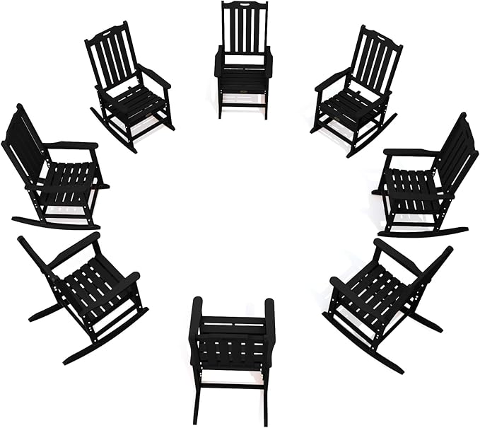 Oversized Rocking Chair Set of 8, Outdoor Rocking Chair for Adults, All Weather Resistant Porch Rocker for Lawn Garden, Black