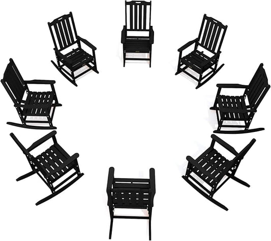 Oversized Rocking Chair Set of 8, Outdoor Rocking Chair for Adults, All Weather Resistant Porch Rocker for Lawn Garden, Black