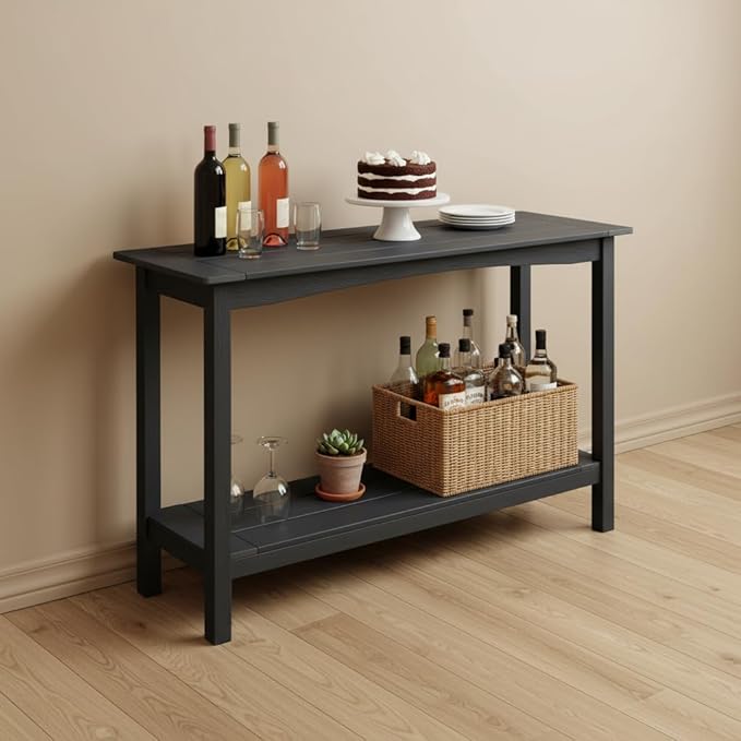 Weatherproof HIPS Outdoor Console Table, 48'' 2-Shelf Side Table Indoor/Outdoor Use, Multifunctional Buffet Table Bar Storage Organizer for Entryway,Yard, Outside Plant Stand Table, Black