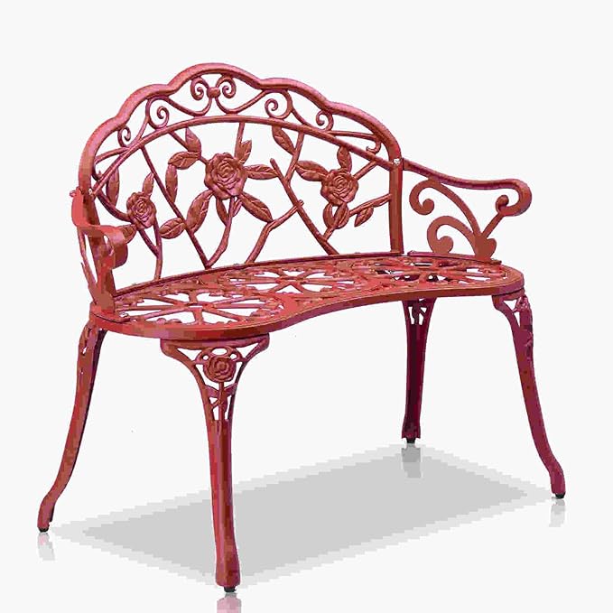 38.5” Outdoor Porch Bench with Hollow Rose Design,Elegant Garden Bench Park Bench for Backyard,Iron Bench with Arms (red)