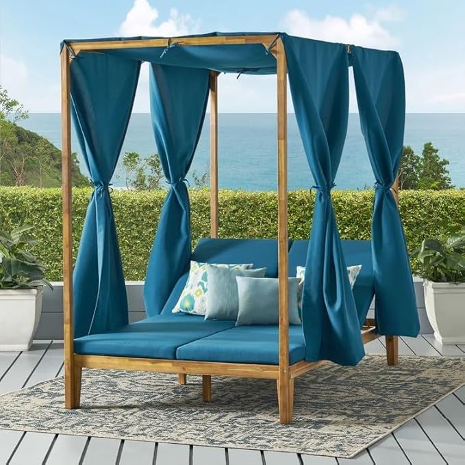 Christopher Knight Home Kenzie Acacia Wood Outdoor Daybed with Canopy, Double Chaise Lounge Chair Outdoor with Cushion - Photo 1