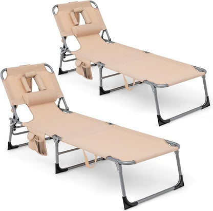 Goplus Tanning Chair, Folding Adjustable Patio Lounge Chair with Face Hole, Removable Pillow, 330LBS, Carry Strap, Outdoor Sunbathing Chair, Lightweight Portable Beach Lounge Chair, No Assembly