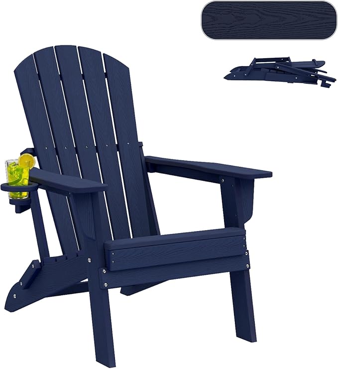 Folding Adirondack Chair，Wooden Textured Fire Pit Chair with Cup Holder, Heavy All-Weather HDPE Plastic Outdoor Patio Chairs for Poolside Backyard Patio Outdoor Garden