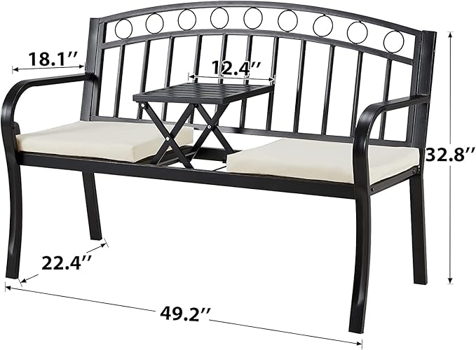 AVAWING Outdoor Metal Garden Bench, 2-Seat Patio Porch Bench with Steel Frame - Photo 3