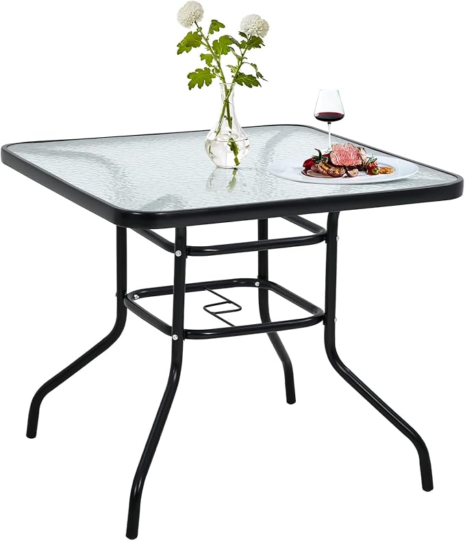 Patio Table Patio Dining Table Bistro Table Rectangular Furniture Outdoor Patio Coffee Small Balcony End Outside Console Umbrella Hole Tempered Glass Conversation Black