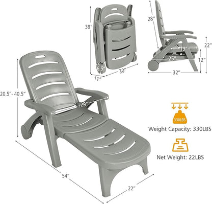 Giantex Patio Chaise Lounge Recliner on Wheels, Folding Deck Chair with Armrests, 5 Adjustable Positions for Poolside, Yard, Garden Rolling Outdoor Lounger Sunbathing Beach Chair(2, Gray)