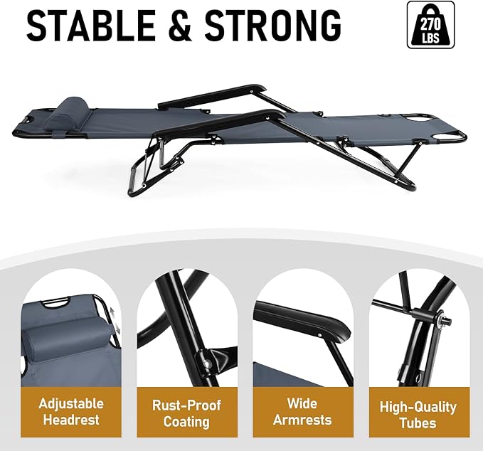Outdoor Folding Chaise Lounge Chair, Patio Sun Lounger Reclining Beach Chair Sun Patio Pool Lawn Recliner Chair (Gray)