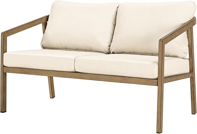 Teak Outdoor Patio Loveseat, Never-Rust Aluminum Outdoor Loveseat Couch with Thick Cushions, Modern 2-Seater Patio Sofa Bench, Outdoor Sofa Loveseat Furniture for Deck, Poolside | Never-Rust, Wood-Grain Texture, Wraparound Design, Removable Cushions