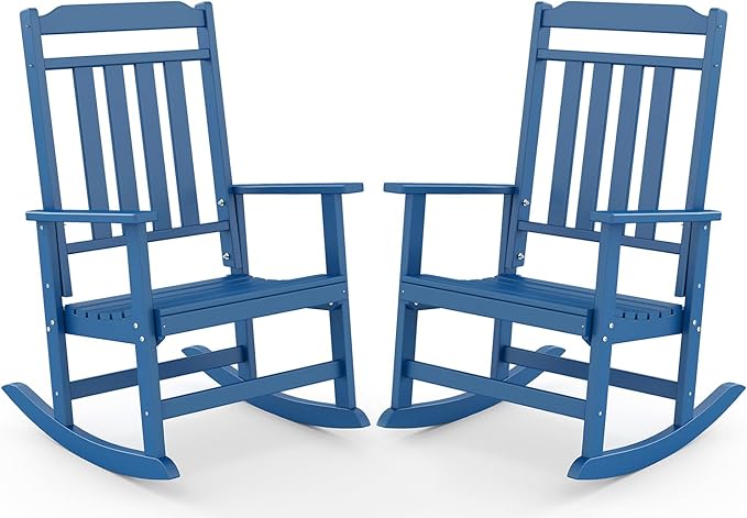 GREENVINES Outdoor-Rocking-Chairs-Set-of-2 | HDPE Plastic | Patio Rockers | Porch Rocker Chair | Oversized | High Back | Big & Tall | Blue