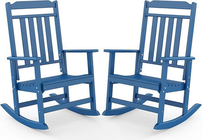 GREENVINES Outdoor-Rocking-Chairs-Set-of-2 | HDPE Plastic | Patio Rockers | Porch Rocker Chair | Oversized | High Back | Big & Tall | Blue