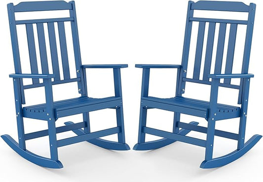 GREENVINES Outdoor-Rocking-Chairs-Set-of-2 | HDPE Plastic | Patio Rockers | Porch Rocker Chair | Oversized | High Back | Big & Tall | Blue
