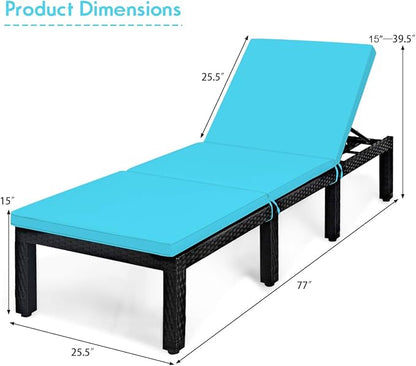 Tangkula Patio Wicker Lounge Chair, Outdoor Rattan Adjustable Reclining Backrest Lounger Chairs, Modern Outside Rattan Chaise with Seating and Back Cushion (2, Turquoise)