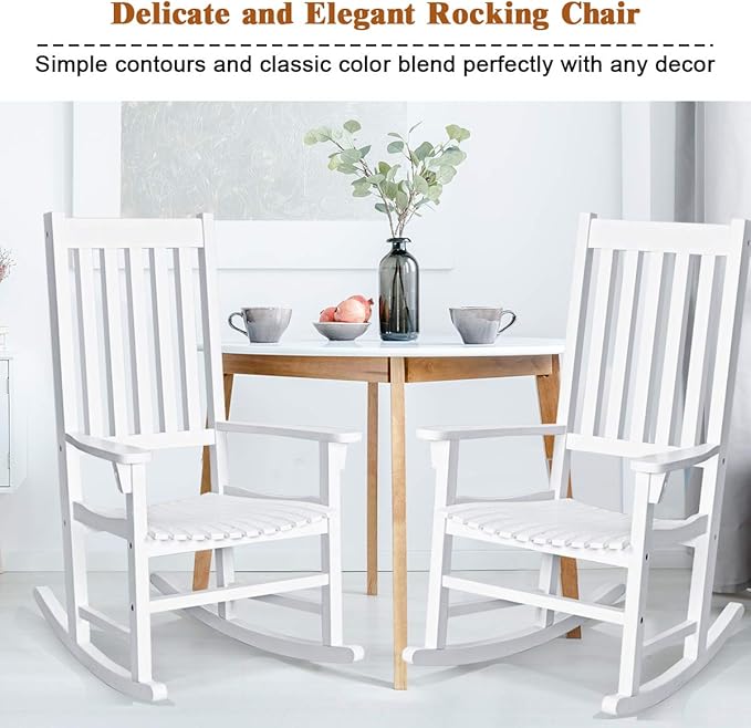 Giantex Rocking Chair Acacia Wood Frame, Porch Rocker Outdoor& Indoor for Garden, Lawn, Balcony, Backyard and Patio Porch Rocker (2, White)