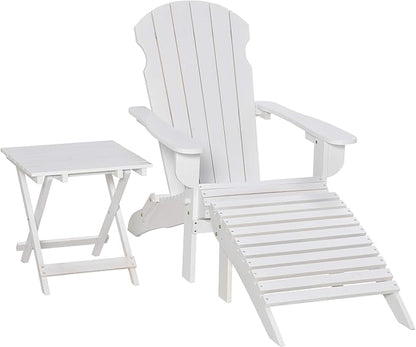 Outsunny 3-Piece Folding Adirondack Chair with Ottoman and Side Table, Outdoor Wooden Fire Pit Chairs w/High-Back, Wide Armrests for Patio, Backyard, Garden, Lawn Furniture, White