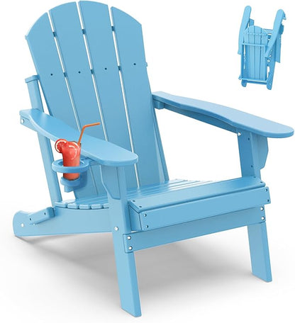 IVY&LANE Folding-Adirondack-Chair | HDPE Plastic | Outdoor Fire Pit Chairs with Cup Holder | Arctic | Poly | Weather Resistant | for Patio Deck Poolside Garden Beach