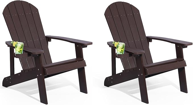 Adirondack Chairs Set of 2, All Weather Resistant Plastic Chairs with Cup Holder, 5 Easy Steps to Install, Outdoor Chairs for Patio, Garden, Backyard Deck, Lawn, Fire Pit - Brown