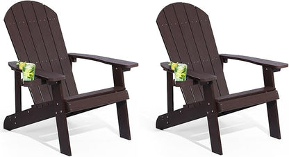 Adirondack Chairs Set of 2, All Weather Resistant Plastic Chairs with Cup Holder, 5 Easy Steps to Install, Outdoor Chairs for Patio, Garden, Backyard Deck, Lawn, Fire Pit - Brown