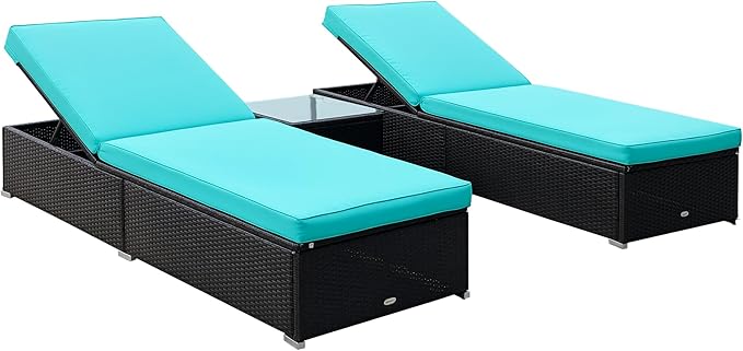 Outsunny Chaise Lounge Chair Set of 2 with 5 Angle Backrest, Outdoor Coffee Table, Water Repellent Cushions, PE Rattan Wicker Poolside Chairs, 3-Piece Pool Furniture Set, Dark Brown/Turquoise