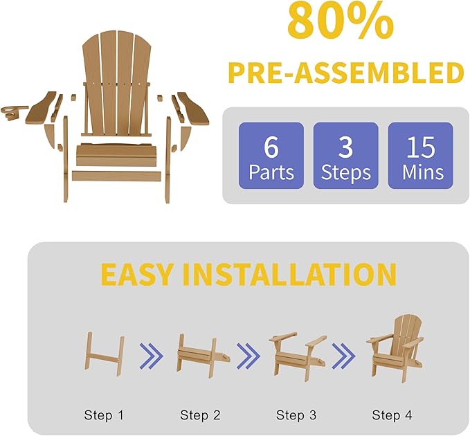 Kingdura Foldable Adirondack Chair, Portable HDPE All Weather Resistant Outdoor Patio Chair, Wooden Textured with Cup Holder, 380LBS Capacity for Poolside, Backyard, Deck, Fire Pit (Brown)